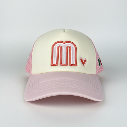 Pink and beige Mexico cap with a logo on a white background